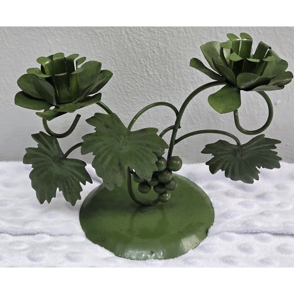 Vintage Wolin West Haven Connecticut Metal Votive Candle Holder Green Leaves MCM